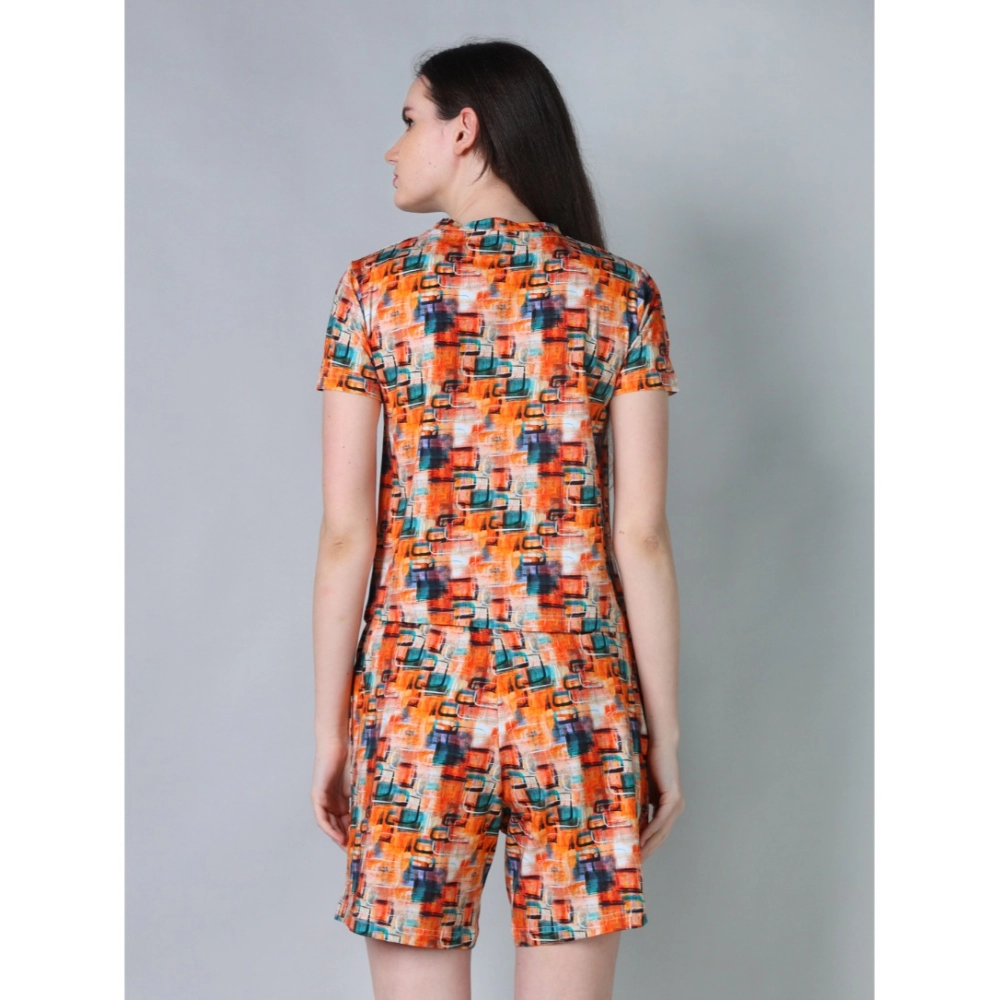 Women's Cotton Blended Printed Round Neck Half Sleeve Top - Shorts Set (Orange) - Image 2