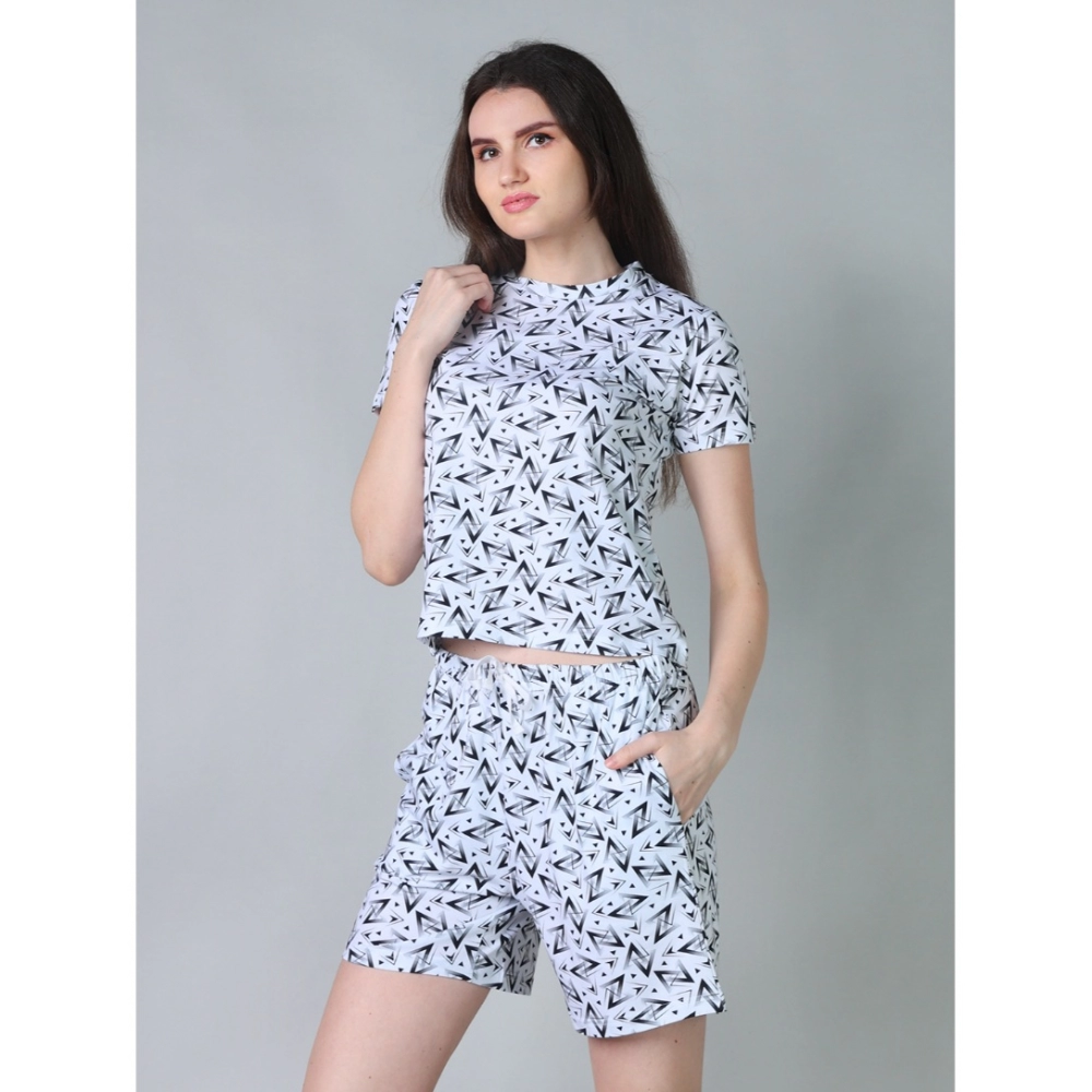 Women's Cotton Blended Printed Round Neck Half Sleeve Top - Shorts Set (White-Black) - Image 3