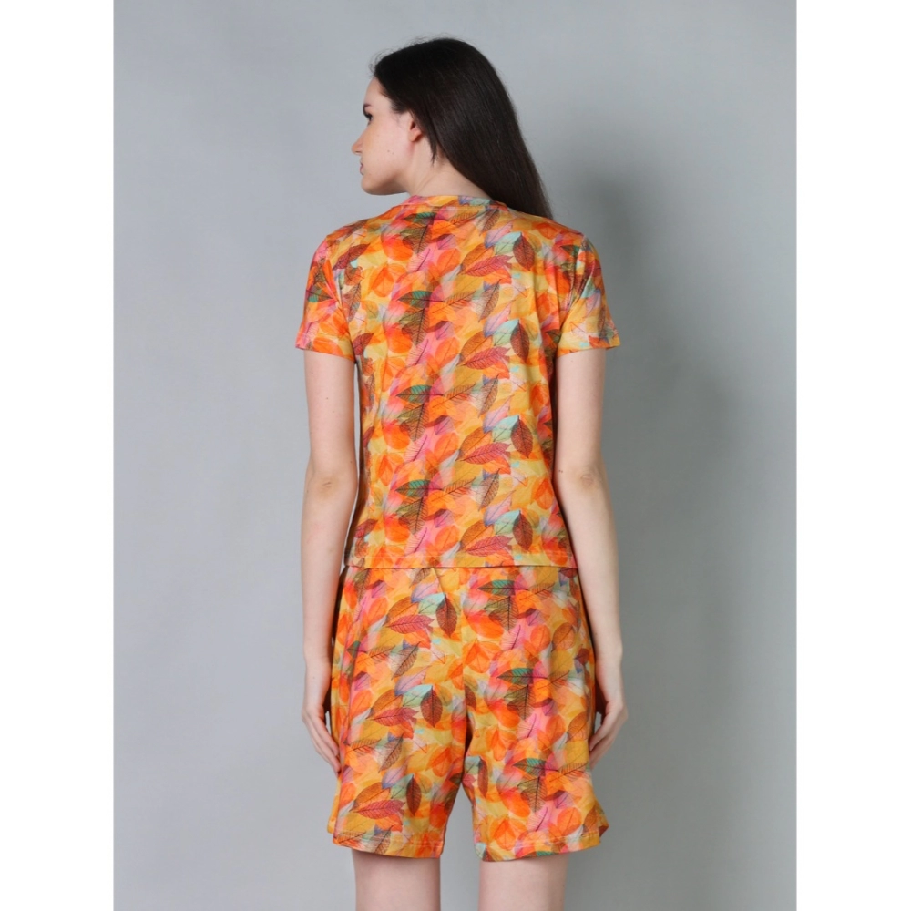 Women's Cotton Blended Printed Round Neck Half Sleeve Top - Shorts Set (Yellow) - Image 2