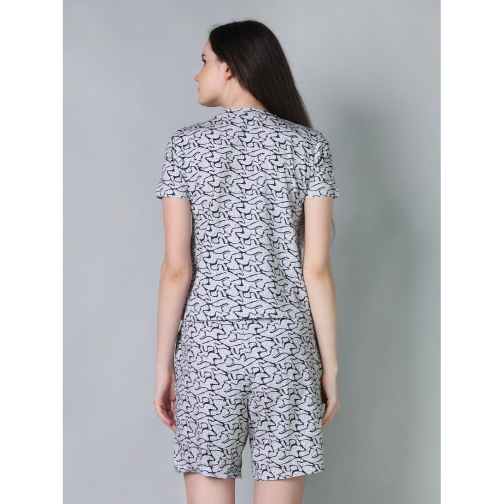Women's Cotton Blended Printed Round Neck Half Sleeve Top - Shorts Set (Off_White) - Image 2