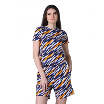 Women's Cotton Blended Printed Round Neck Half Sleeve Top - Shorts Set (Yellow)