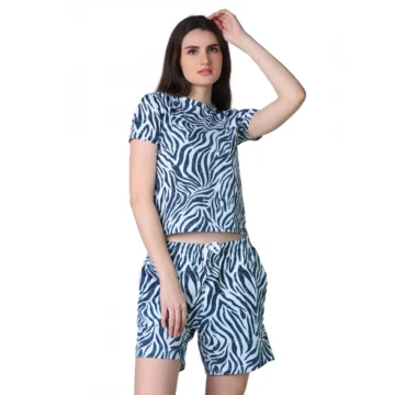 Women's Cotton Blended Printed Round Neck Half Sleeve Top - Shorts Set (Blue)