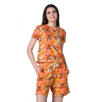 Women's Cotton Blended Printed Round Neck Half Sleeve Top - Shorts Set (Yellow)