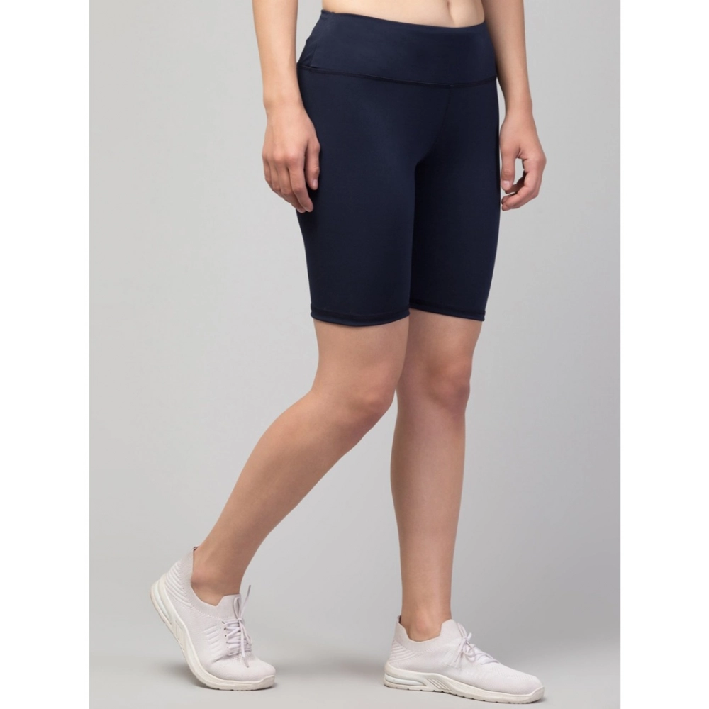Women's Polyester Solid Above Knee High-Rise Shorts (Navy) - Image 3