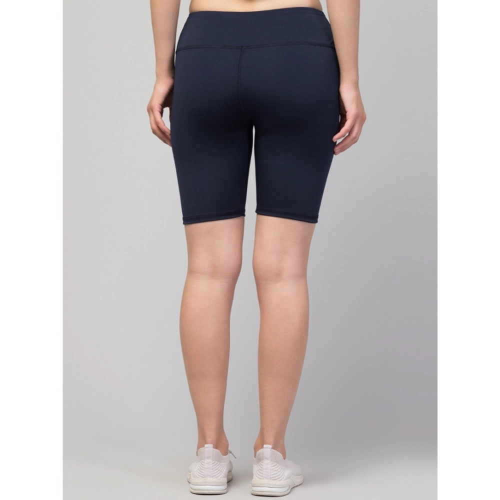 Women's Polyester Solid Above Knee High-Rise Shorts (Navy) - Image 2