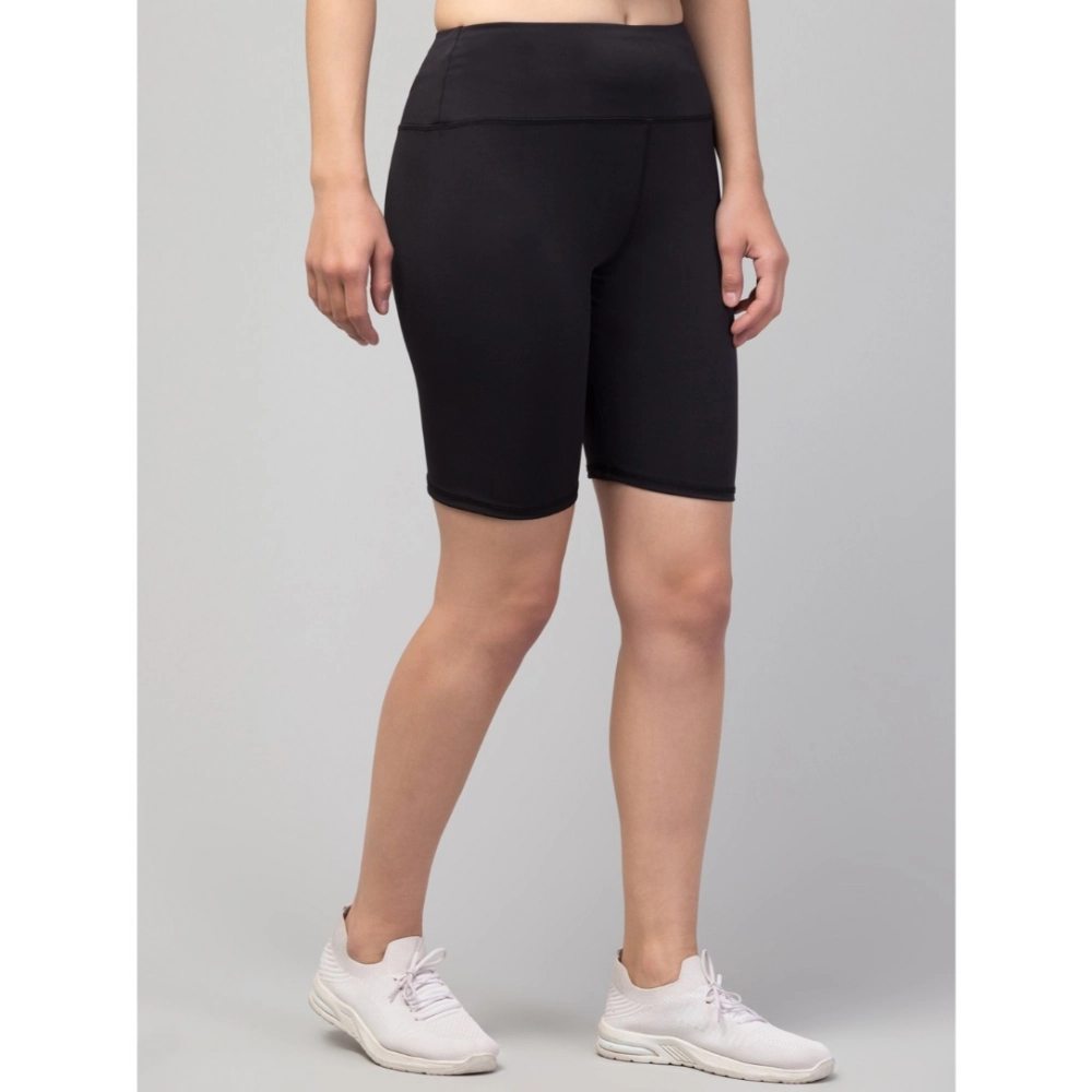 Women's Polyester Solid Above Knee High-Rise Shorts (Black) - Image 3