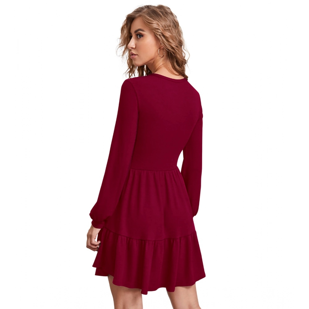 Women's Knitting stretchable Solid Round Neck Full Sleeve Dress (Maroon) - Image 2