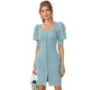 54162095832 c31e6a8587 o d 1000x1000 1 Women's Knitting stretchable Solid Square Neck 3-4 Puff Sleeve Dress (Pista)