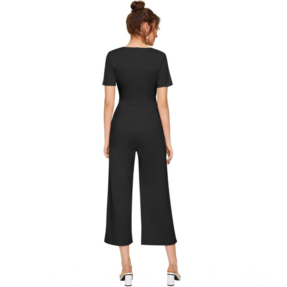 Women's Knitting stretchable Solid Round Neck Cap Sleeve Jumpsuit (Black) - Image 2