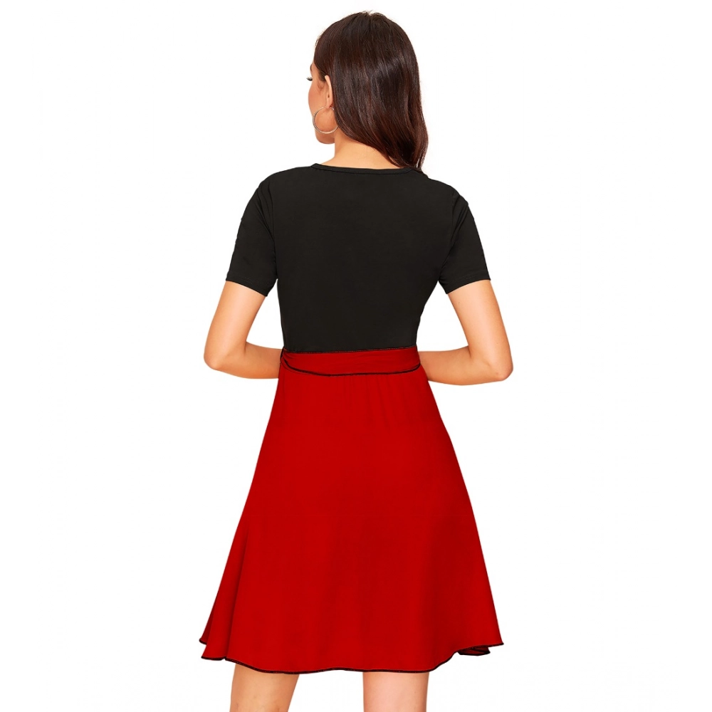 Women's Knitting stretchable Solid Round Neck Cap Sleeve Dress (Red) - Image 2