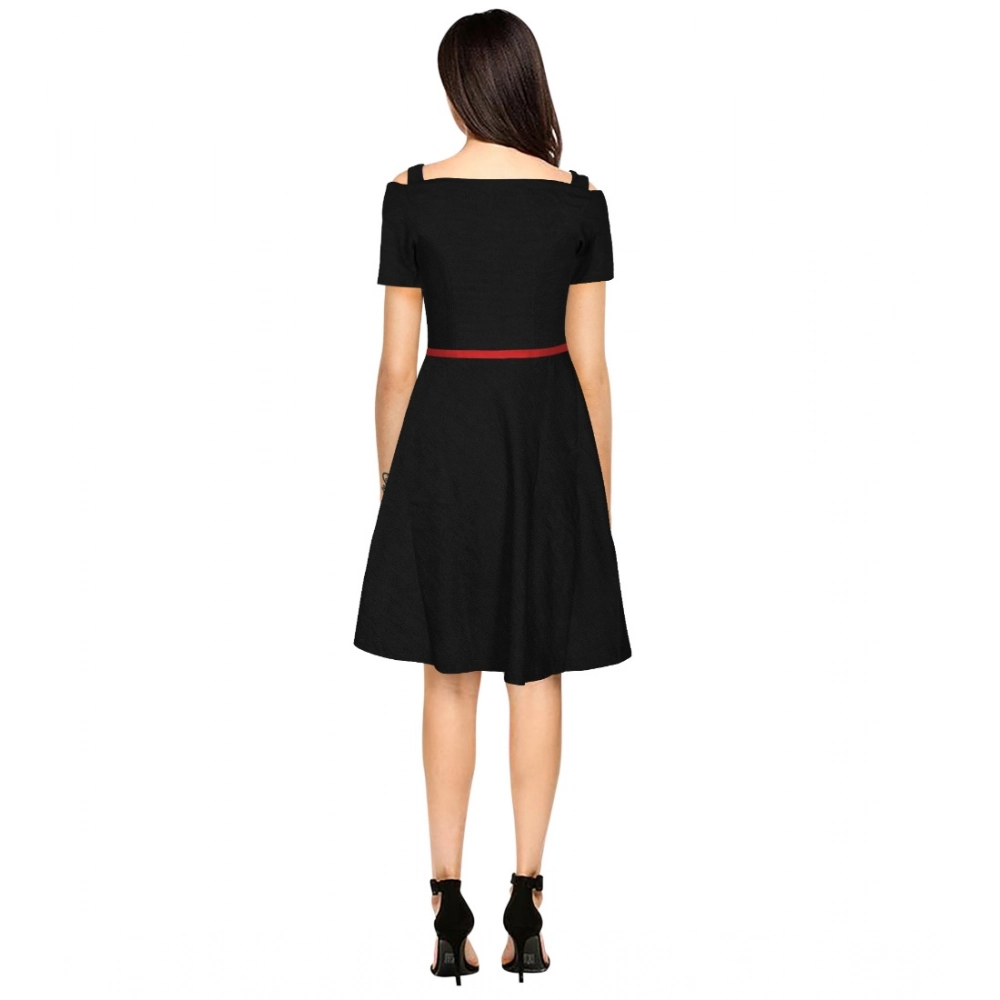 Women's Polyester Solid V Neck Cap Sleeve Dress (Black) - Image 2