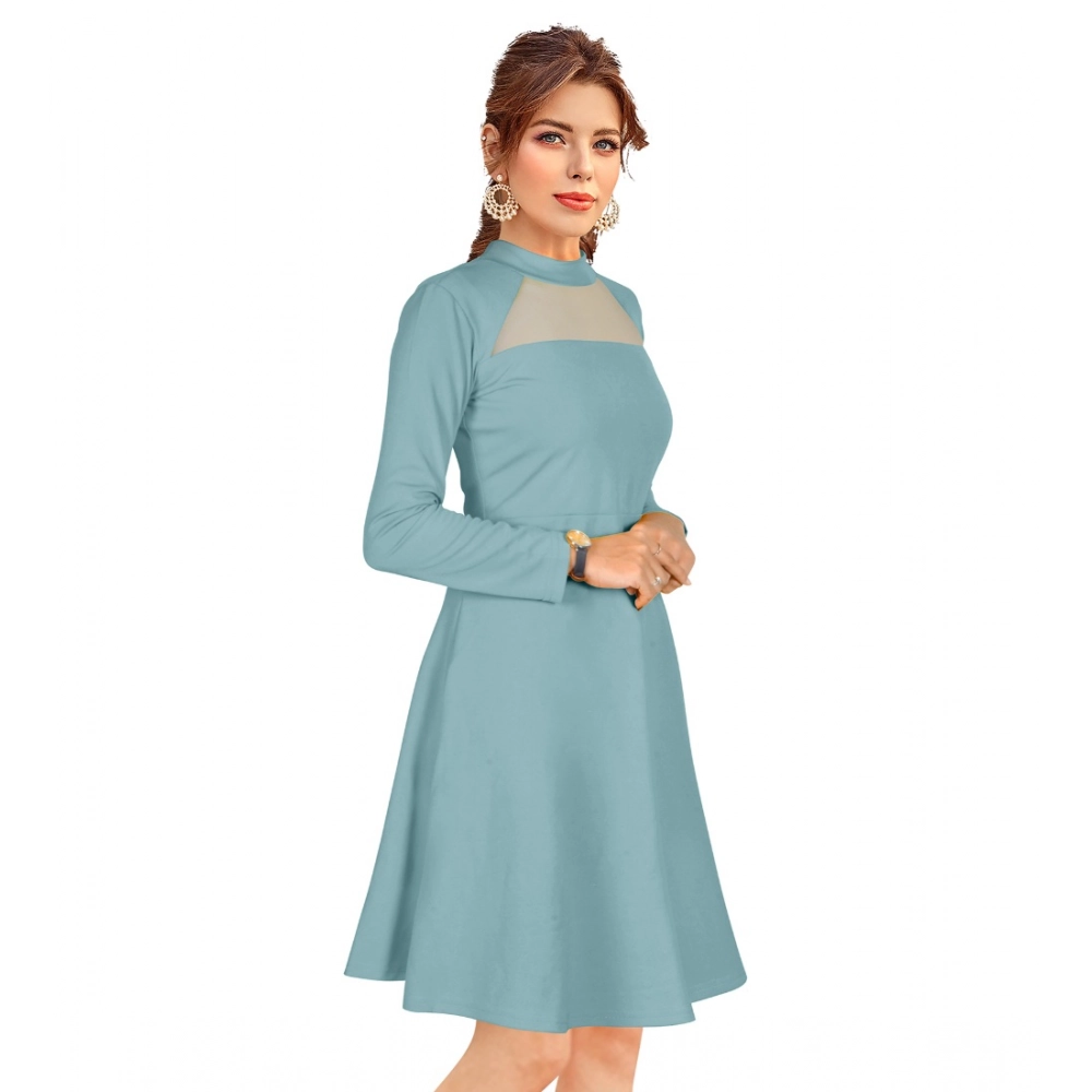 Women's Knitting stretchable Solid Round Neck Full Sleeve Dress (Pista) - Image 3