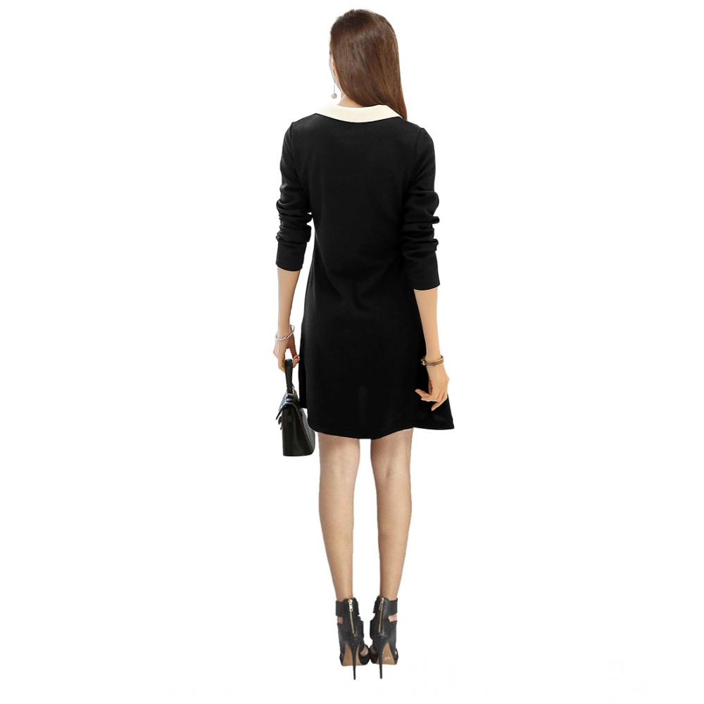 Women's Polyester Solid Collar 3-4th Dress (Black) - Image 2