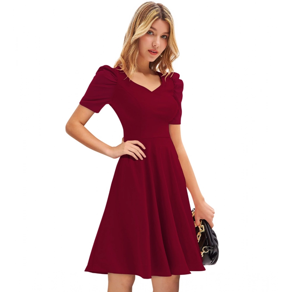 Women's Knitting stretchable Solid V Neck Cap Sleeve Dress (Maroon) - Image 3