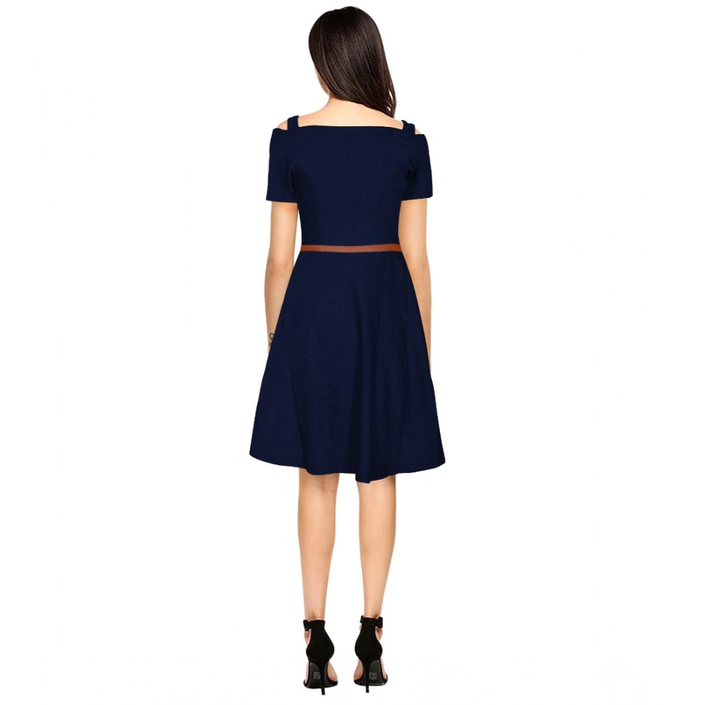 Women's Polyester Solid V Neck Cap Sleeve Dress (Blue) - Image 2