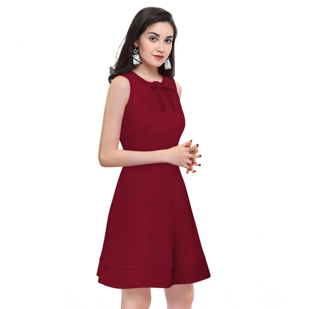 Women's Polyester Solid Round Neck Sleeveless Dress (Maroon) - Image 3