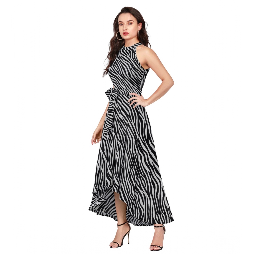 Women's Polyester Zebra Pattern Halter Neck Sleeveless Dress (Navy Blue) - Image 3
