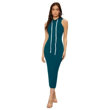 Women's Knitting stretchable Solid Round Neck Sleeveless Dress (Morpich)
