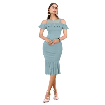 Women's Knitting stretchable Solid Round Neck Sleeveless Dress (Pista )