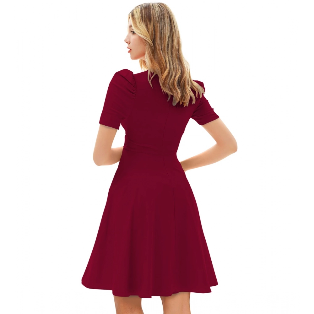 Women's Knitting stretchable Solid V Neck Cap Sleeve Dress (Maroon) - Image 2
