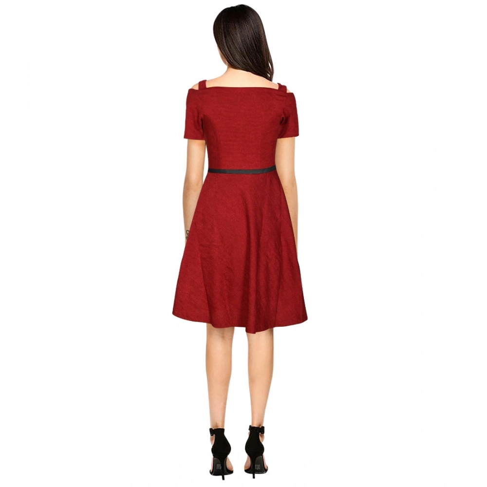 Women's Polyester Solid V Neck Cap Sleeve Dress (Maroon) - Image 2
