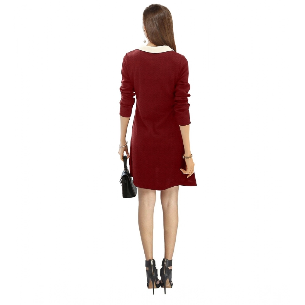 Women's Polyester Solid Collar 3-4th Dress (Maroon) - Image 2
