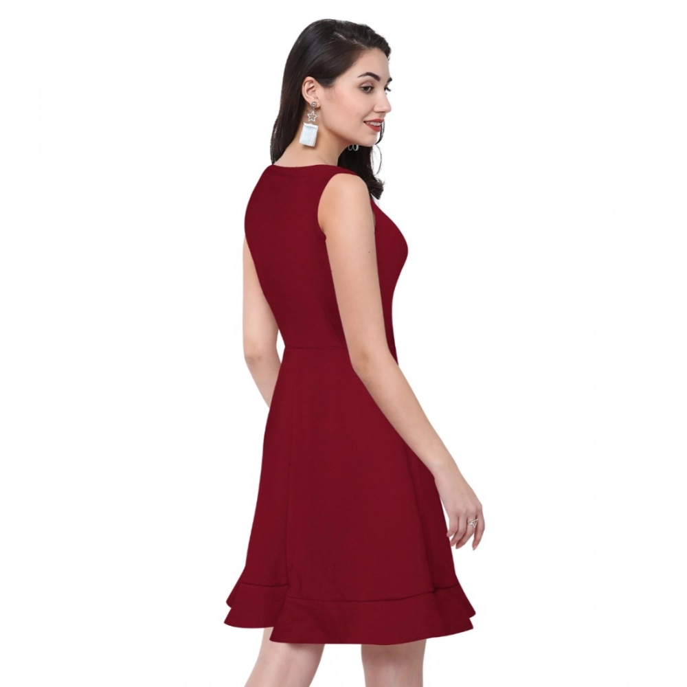 Women's Polyester Solid Round Neck Sleeveless Dress (Maroon) - Image 2