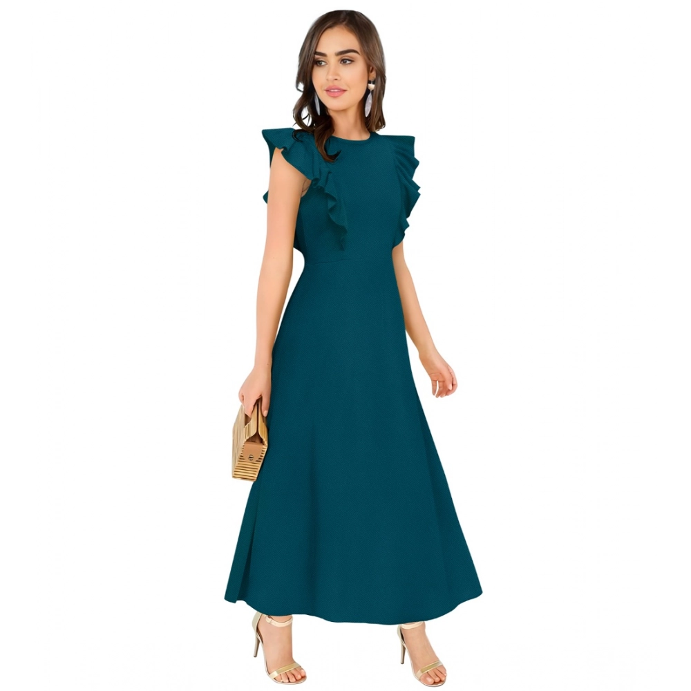 Women's Knitting stretchable Solid Round Neck Ruffled Sleeve Dress (Morpich) - Image 3