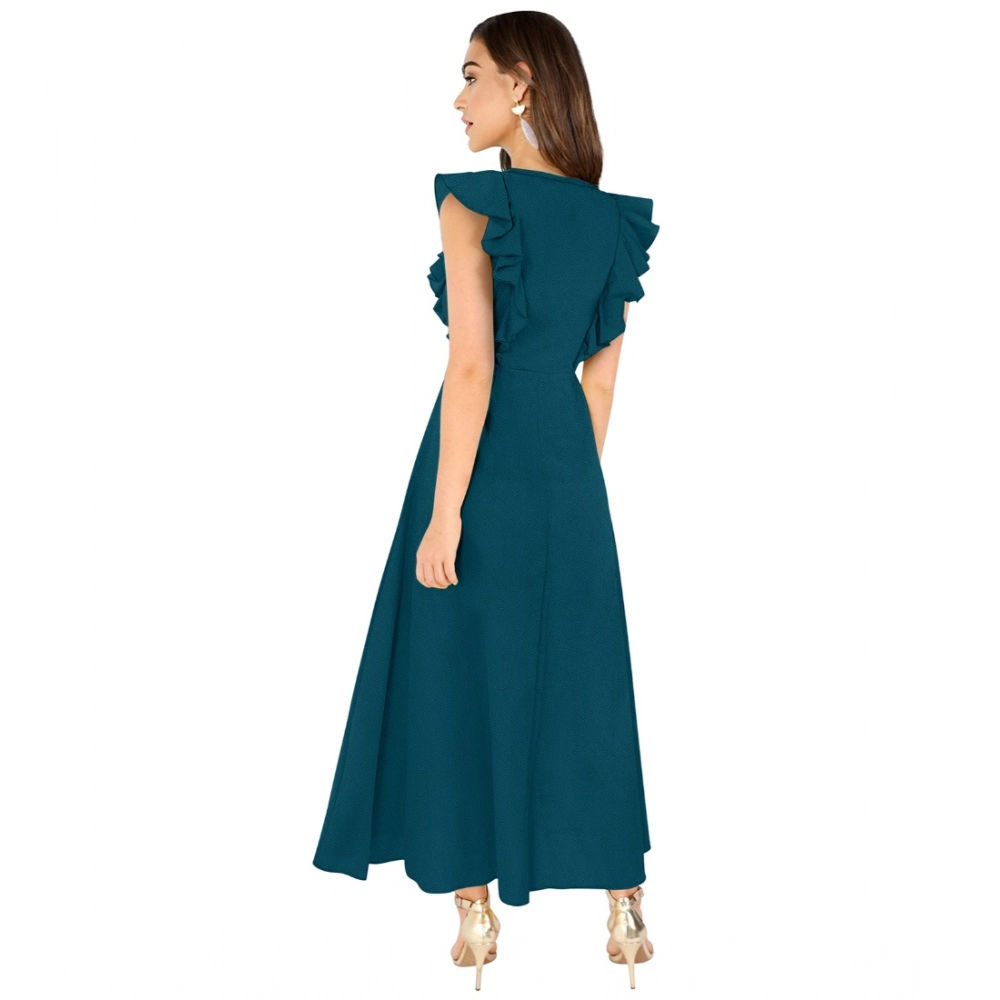 Women's Knitting stretchable Solid Round Neck Ruffled Sleeve Dress (Morpich) - Image 2