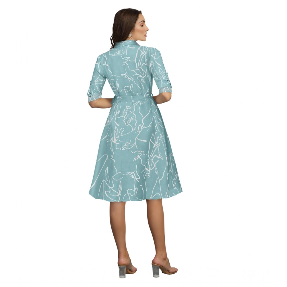 Women's Ruby Cotton Printed Shirt Collar 3-4th Sleeve Dress (Pista) - Image 2