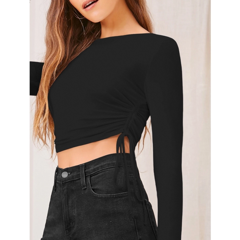 Women's Polyester Solid Round Neck Full Sleeve Top (Black) - Image 3