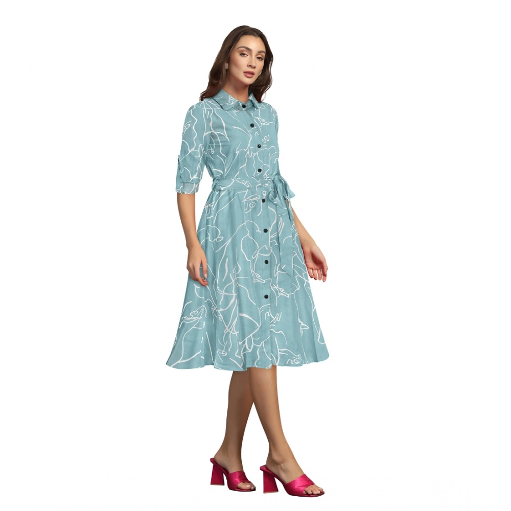Women's Ruby Cotton Printed Shirt Collar 3-4th Sleeve Dress (Pista) - Image 3