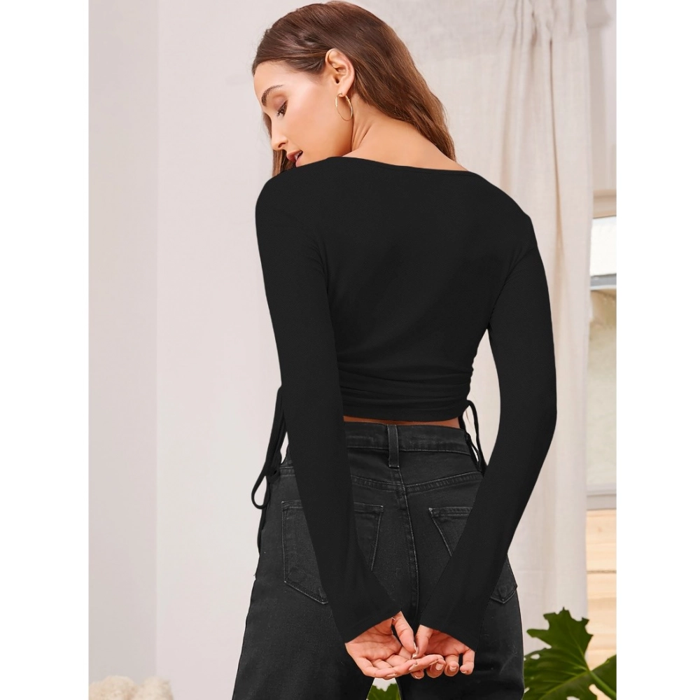 Women's Polyester Solid Round Neck Full Sleeve Top (Black) - Image 2