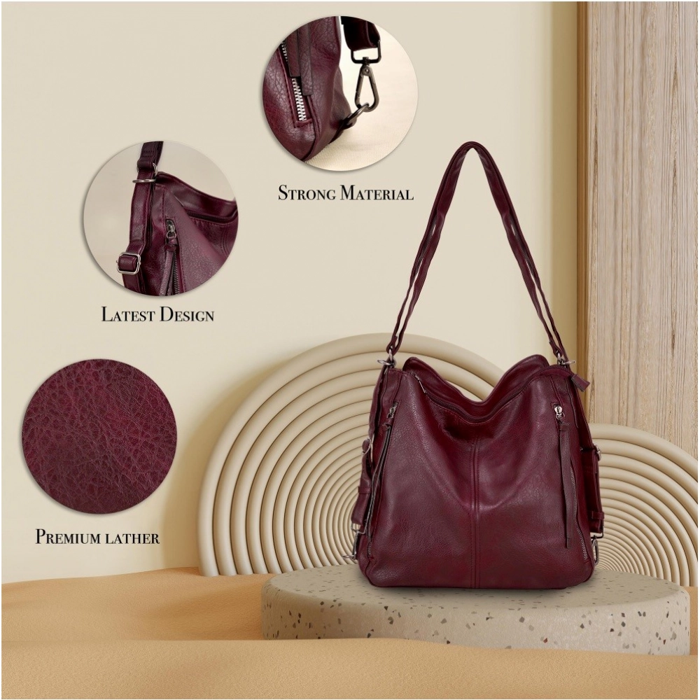 Women's PU Leather Medium Shoulder Zipper Handbag (Wine red) - Image 2