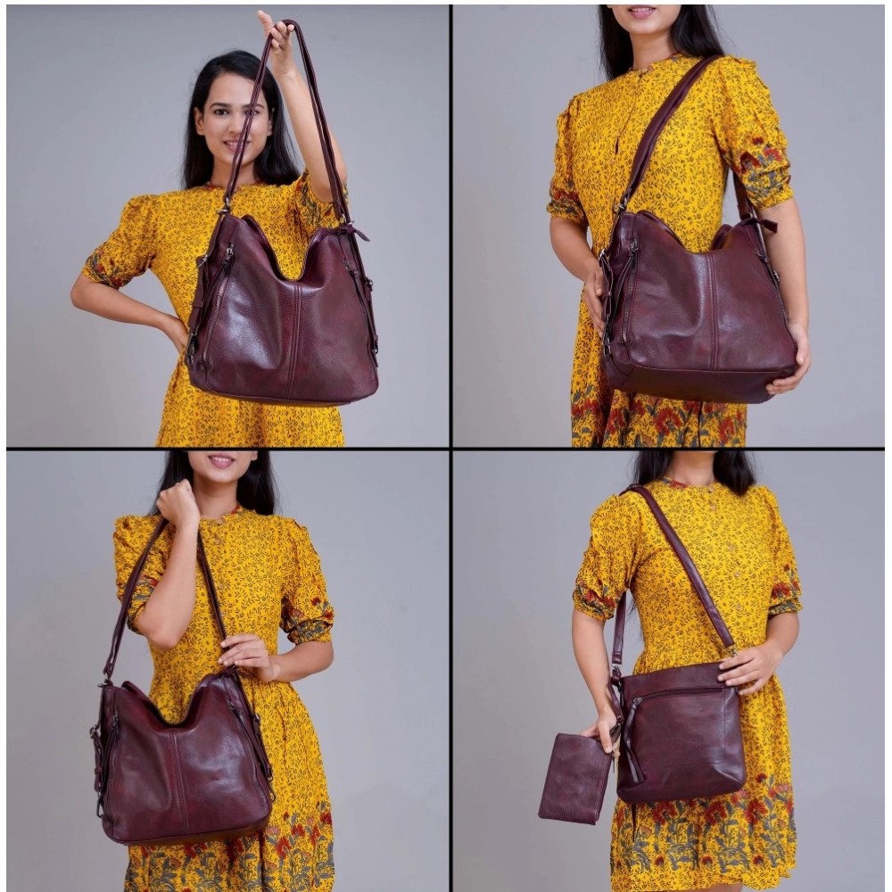 Women's PU Leather Medium Shoulder Zipper Handbag (Wine red) - Image 4