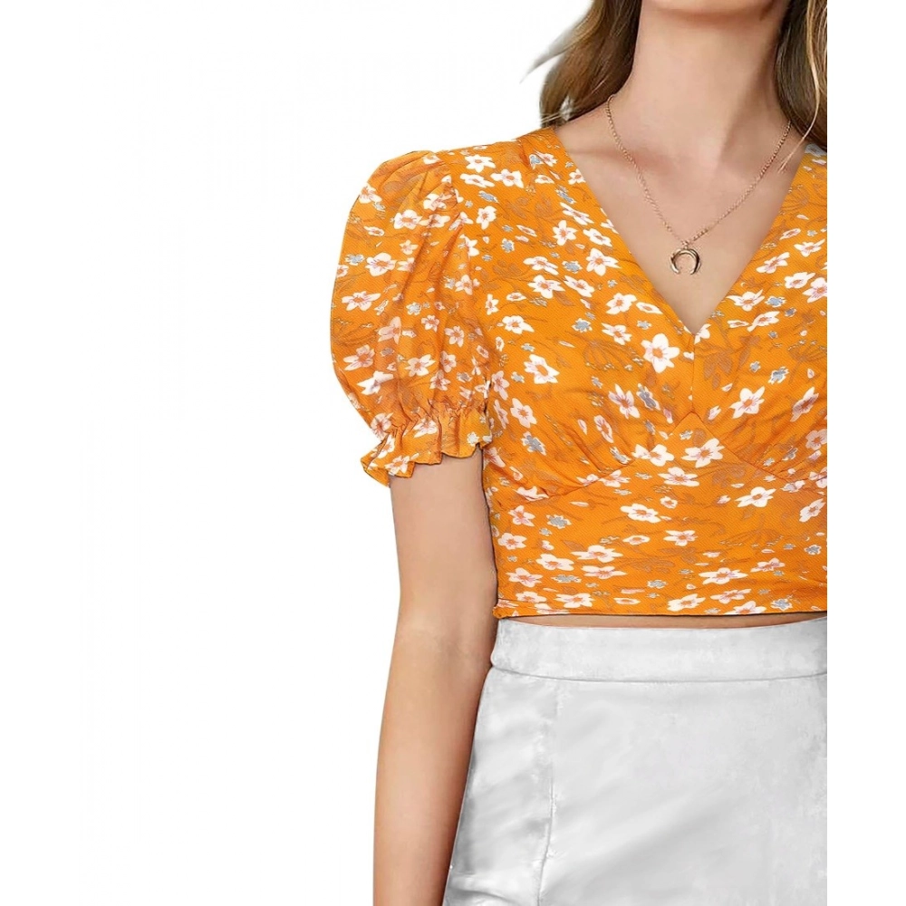 Women's Knitting Printed V-Neck Puff Sleeve Tops (Yellow) - Image 5
