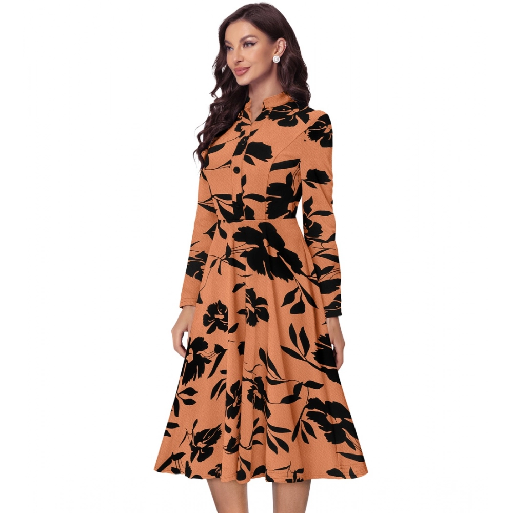 Women's Knitting Printed V-Neck Full Sleeve Dress (Orange) - Image 3