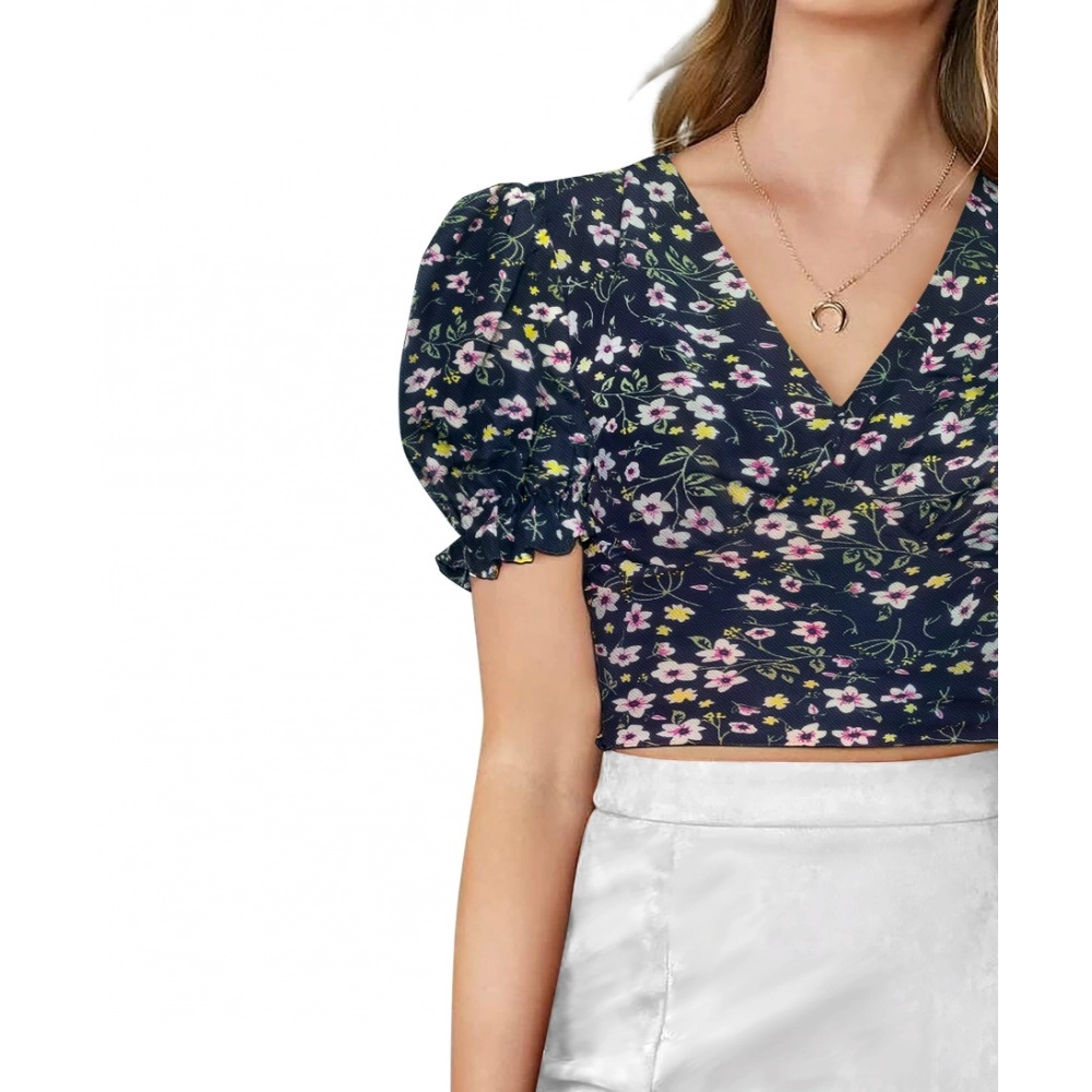 Women's Knitting Printed V-Neck Puff Sleeve Tops (Navy Blue) - Image 5