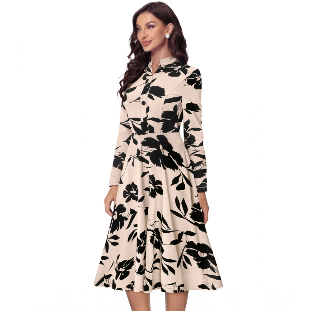 Women's Knitting Printed V-Neck Full Sleeve Dress (Cream) - Image 3