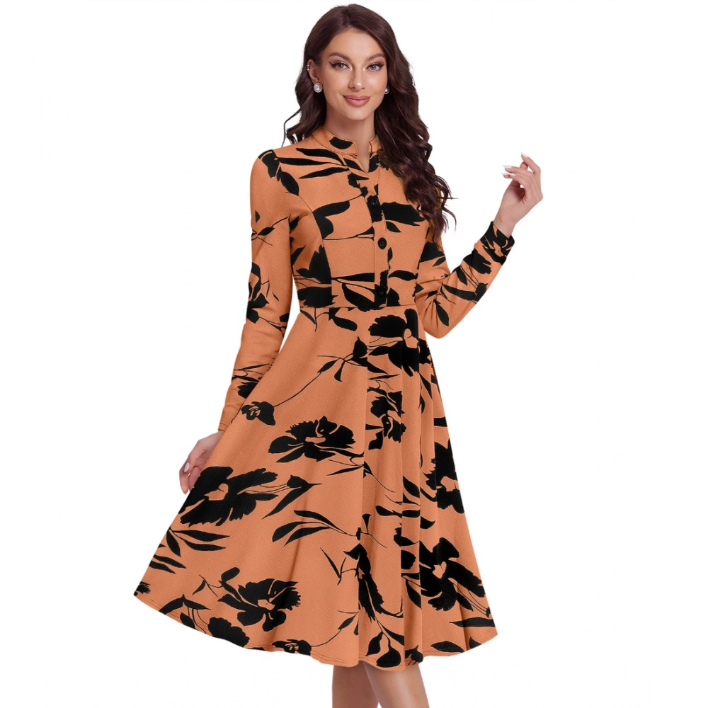 Women's Knitting Printed V-Neck Full Sleeve Dress (Orange) - Image 2