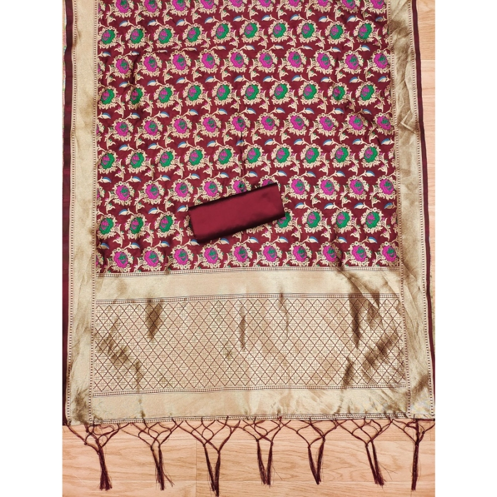Women's Banarasi Silk Printed Unstitched Salwar Suit Material With Dupatta (Maroon, 3Mtrs) - Image 4