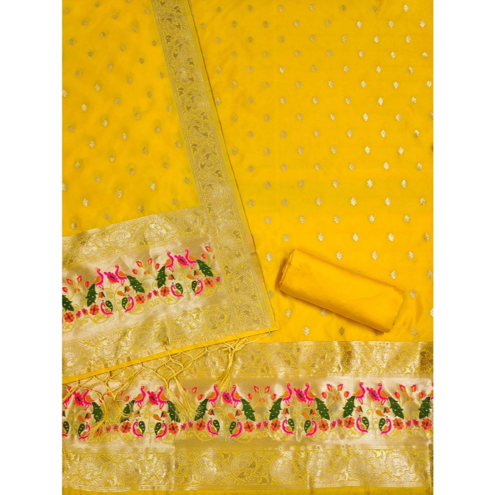 Women's Banarasi Silk Printed Unstitched Salwar Suit Material With Dupatta (Yellow, 3Mtrs) - Image 4