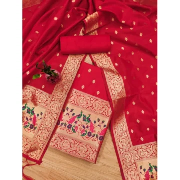 Women's Banarasi Silk Printed Unstitched Salwar Suit Material With Dupatta (Red, 3Mtrs)