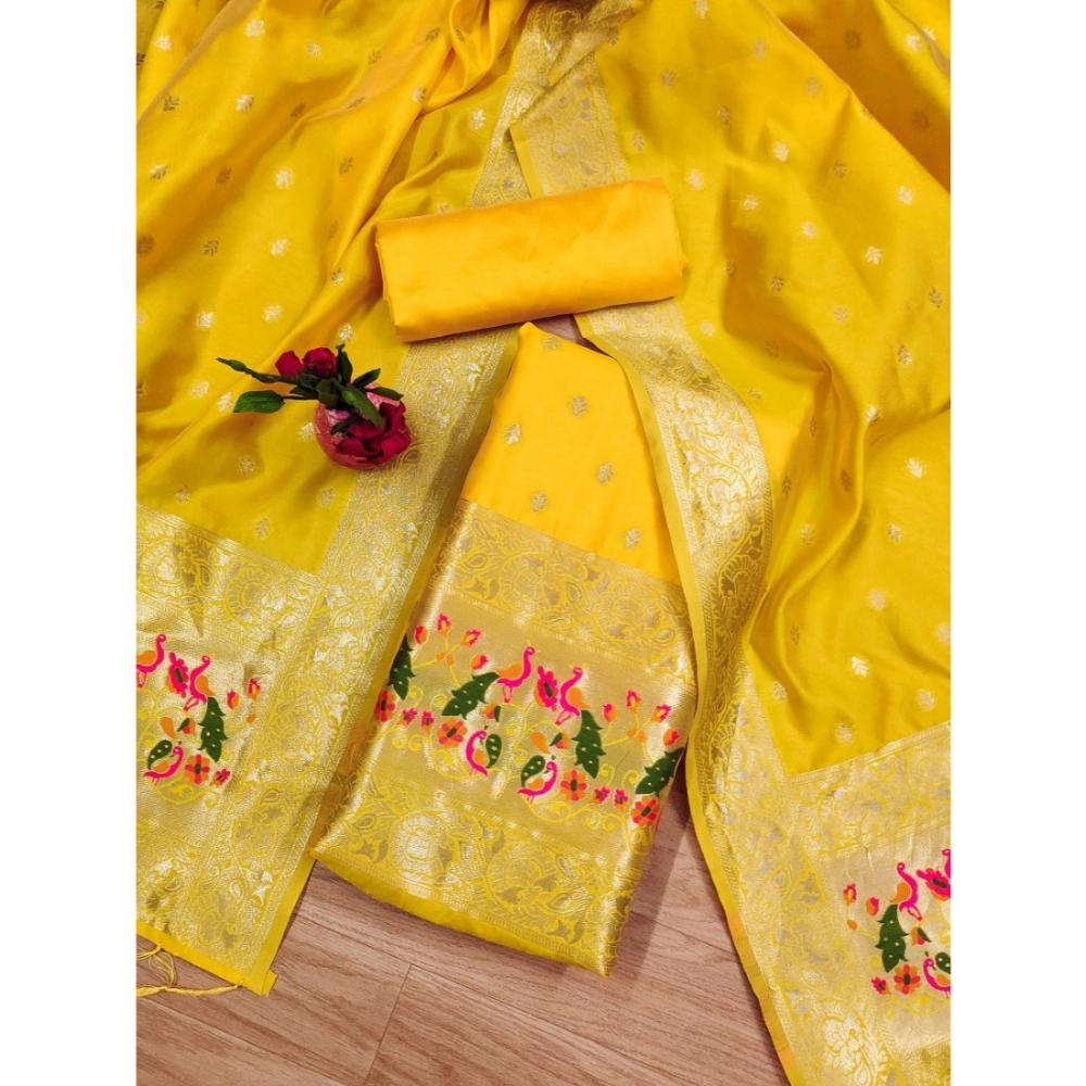 Women's Banarasi Silk Printed Unstitched Salwar Suit Material With Dupatta (Yellow, 3Mtrs) - Image 2