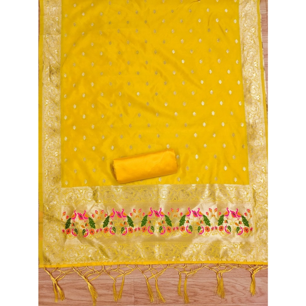 Women's Banarasi Silk Printed Unstitched Salwar Suit Material With Dupatta (Yellow, 3Mtrs) - Image 3