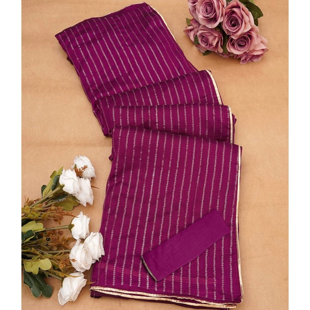 Women's Vichitra Silk Striped Saree With Unstitched Blouse 5.5Mtr (Purple) - Image 2