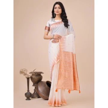 Women's Linen Cotton Printed Saree With Unstitched Blouse 5.5Mtr (White)