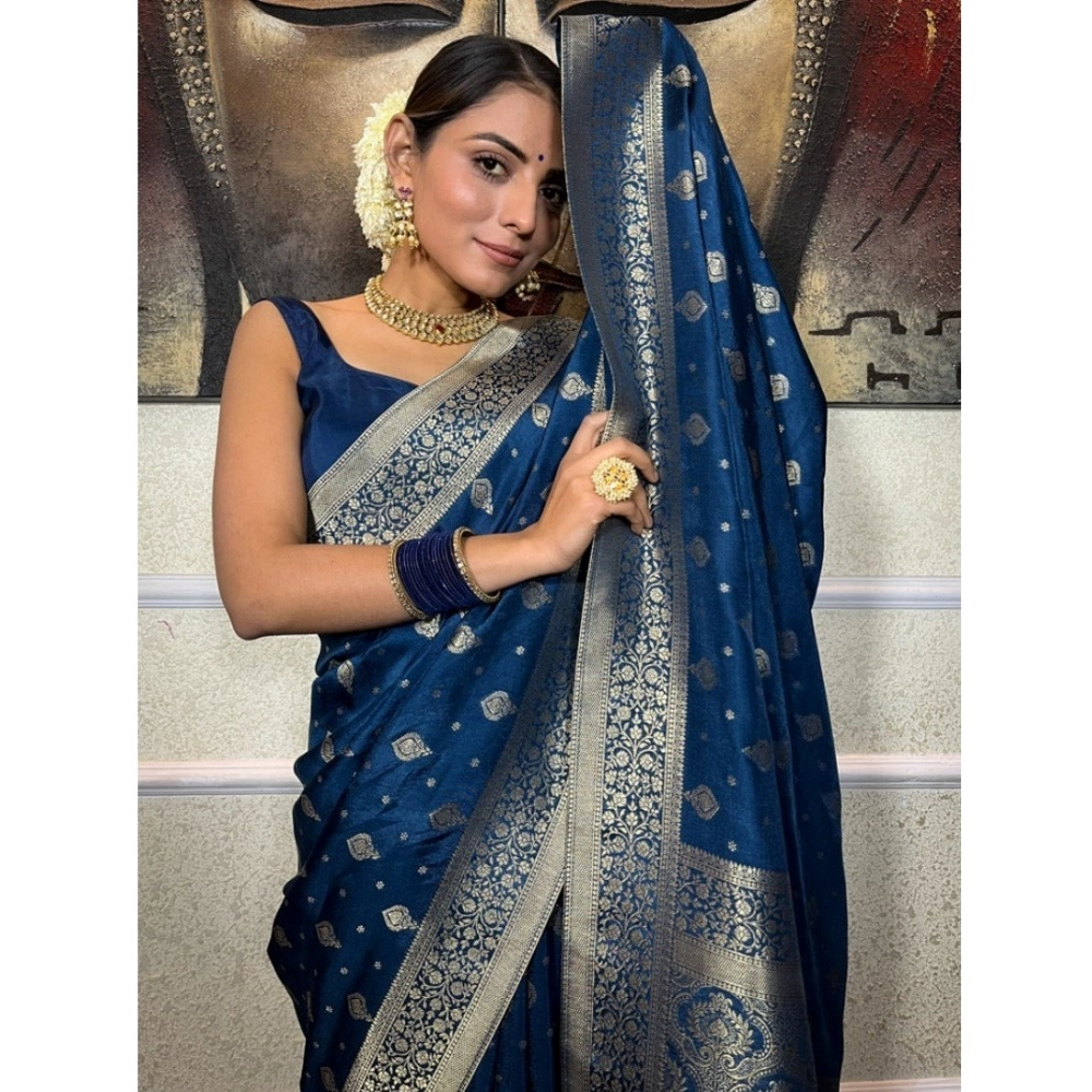 Women's Silk Printed Saree With Unstitched Blouse 5.5Mtr (Rama) - Image 3