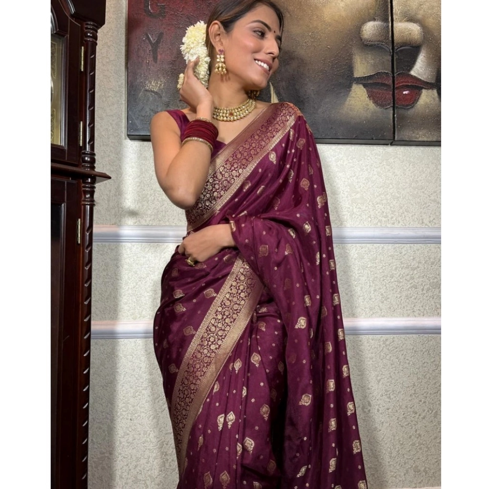 Women's Silk Printed Saree With Unstitched Blouse 5.5Mtr (Wine) - Image 2