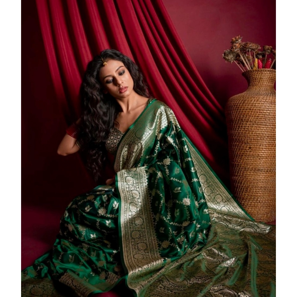 Women's Silk Printed Saree With Unstitched Blouse 5.5Mtr (Dark Green) - Image 2